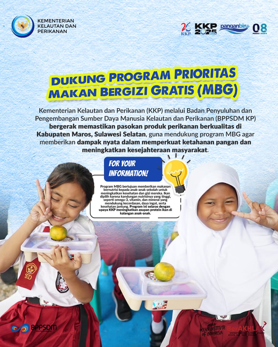 bppsdmpkpbitung's tweet image. Program #MBG bertujuan berikan makanan bergizi kpd anak-anak sekolah guna meningkatkan kesehatan &amp;amp; asupan nutrisi mereka. Ikan dipilih karena kandungan nutrisinya tinggi. Inisiatif ini jg sejalan dengan komitmen @kkpgoid dlm meningkatkan asupan protein ikan di kalangan anak-anak