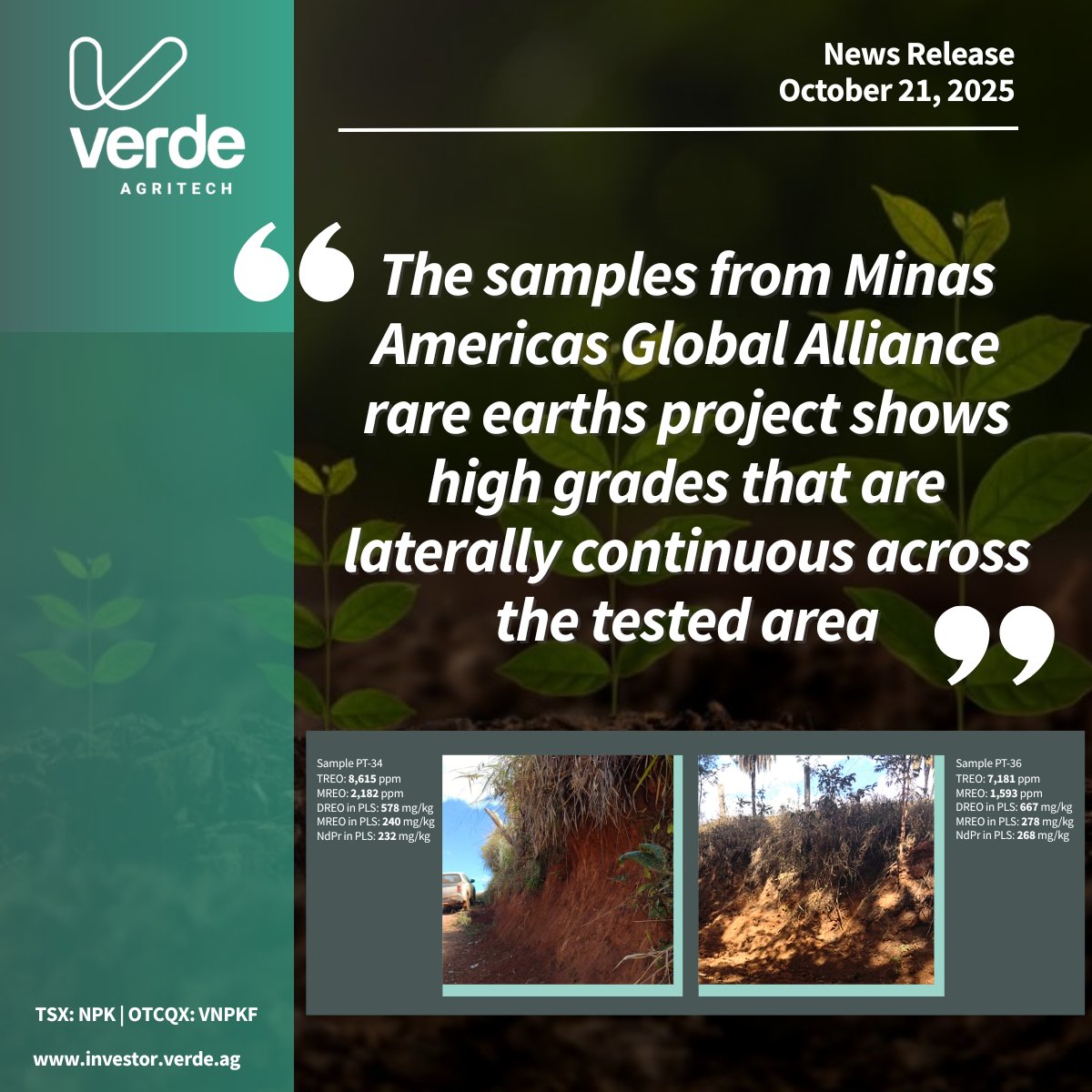 📢 Verde AgriTech Confirms Ionic Adsorption with High-Value Magnet Rare Earths; Leachate MREO up to ~300 mg/kg with No Uranium Contaminant

We are excited to share that our early results from Rare Earth Testing at Our Project. The latest ammonium-sulfate leach tests show very