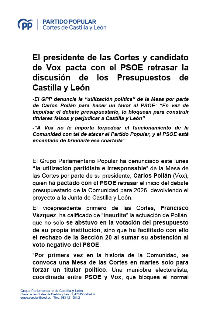 PPopularCyL's tweet photo. El presidente de las Cortes y candidato de Vox pacta con el PSOE retrasar la discusión de los Presupuestos de Castilla y León https://t.co/Am6Ls4Cdu5
