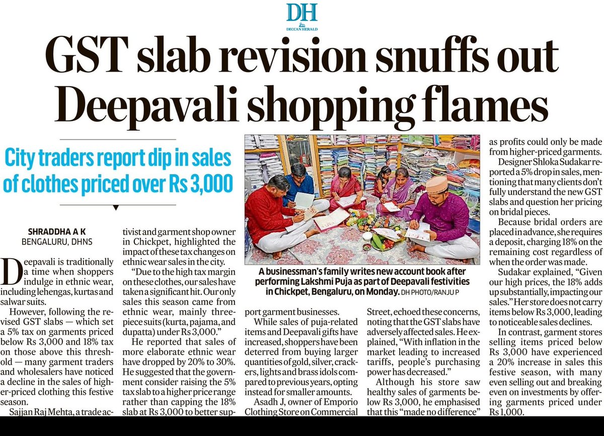Sajjan Raj Mehta (@sajjanrajmehta) on Twitter photo #GSTBachatUtsav
#gstupdate 
#gstreforms2025 
#Garments
#Diwali
<a href="/PMOIndia/">PMO India</a> <a href="/narendramodi/">Narendra Modi</a> <a href="/nsitharamanoffc/">Nirmala Sitharaman Office</a> <a href="/nsitharaman/">Nirmala Sitharaman</a> 
<a href="/DeccanHerald/">Deccan Herald</a> <a href="/PTI_News/">Press Trust of India</a> <a href="/ANI/">ANI</a> 
GST 18% on Garments above 2500 ₹ hits hard d ethnic wear & medium segment During Diwali😢
Below 2500 ₹5 % GST
Above 2500₹18 % #GSTBachatUtsav
#gstupdate 
#gstreforms2025 
#Garments
#Diwali
<a href="/PMOIndia/">PMO India</a> <a href="/narendramodi/">Narendra Modi</a> <a href="/nsitharamanoffc/">Nirmala Sitharaman Office</a> <a href="/nsitharaman/">Nirmala Sitharaman</a> 
<a href="/DeccanHerald/">Deccan Herald</a> <a href="/PTI_News/">Press Trust of India</a> <a href="/ANI/">ANI</a> 
GST 18% on Garments above 2500 ₹ hits hard d ethnic wear & medium segment During Diwali😢
Below 2500 ₹5 % GST
Above 2500₹18 %