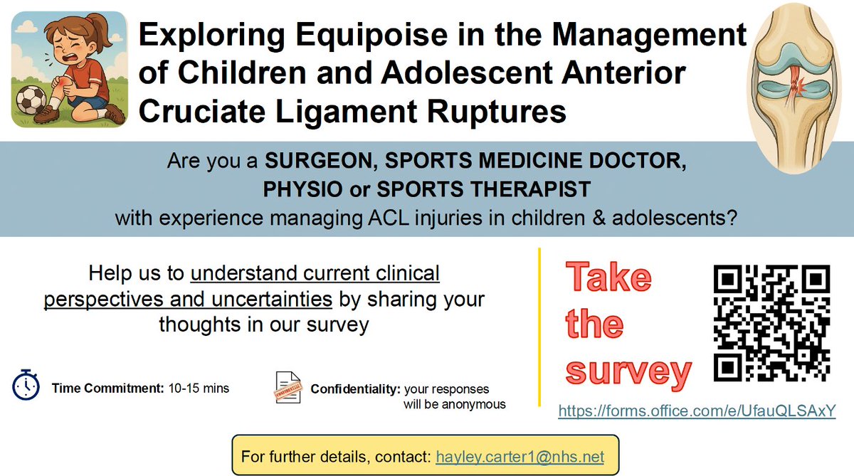 ACL ruptures in under 18s - how do you manage them?

🧑‍⚕️👩‍⚕️ Calling UK surgeons, sports med docs, physios &amp; sports therapists.

We’re exploring equipoise in the treatment of children &amp; adolescents with a primary ACL rupture.

📢 Have your say by completing our short survey
👇👇