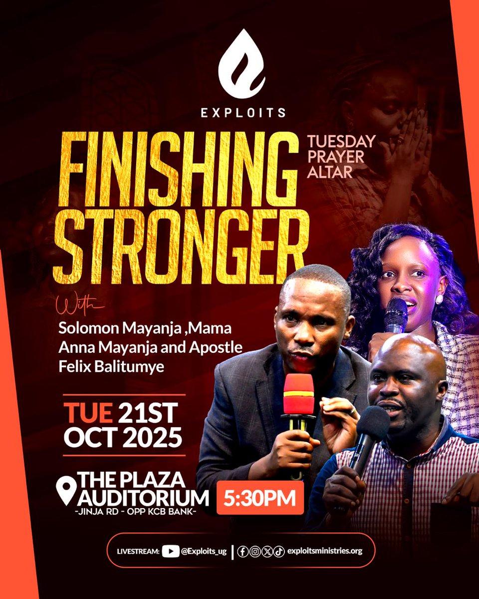 exploitsug's tweet image. This is the day the Lord has made, rejoice in it! 🙌🏾👏🏾

This evening, we meet again for the Tuesday Prayer Altar under the theme &apos;Finishing Stronger!&apos; 

Doors open at 5:30PM 
Venue: The Plaza Auditorium, Jinja Road (Opp. KCB Bank) 

#exploits
#calledtogreatness
#unleashgreatness