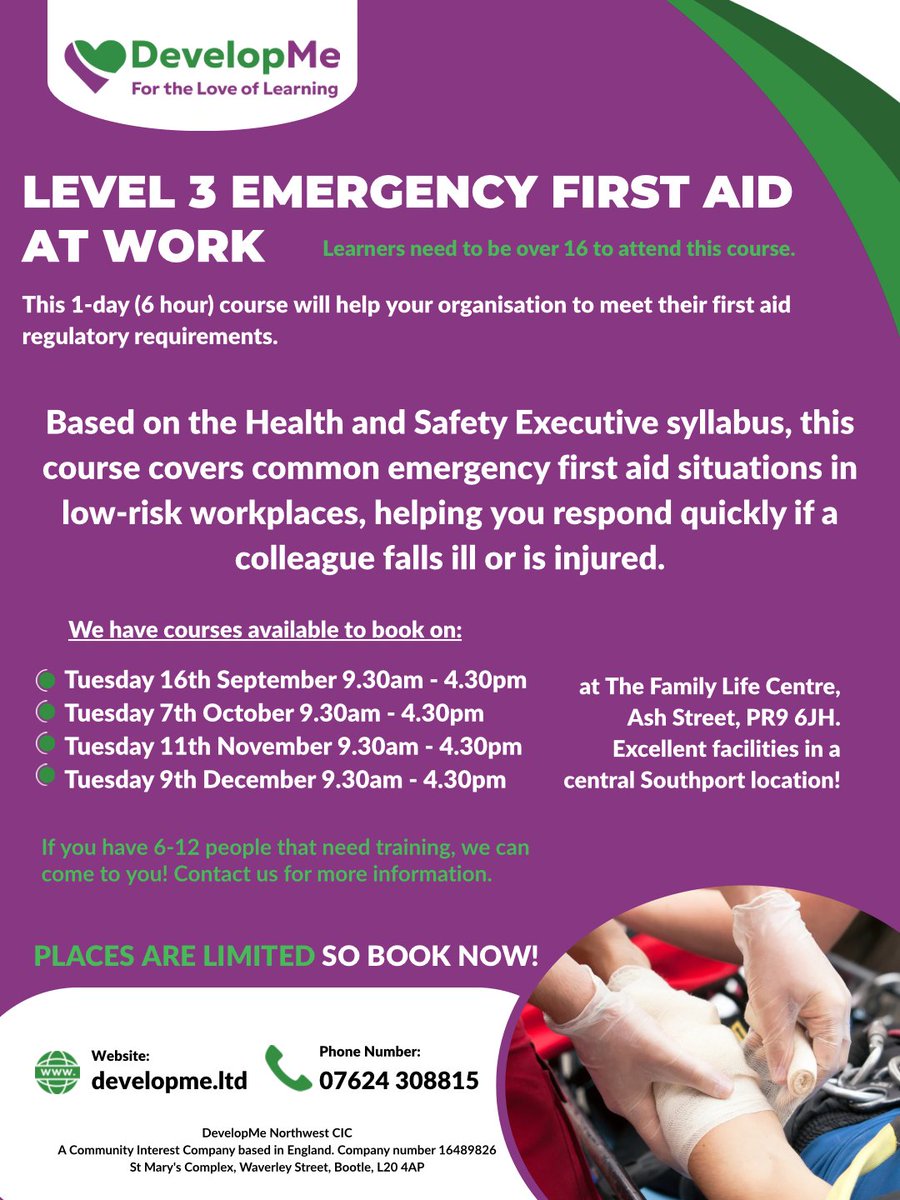 developmeltd's tweet image. 📢 Level 3 Emergency First Aid at Work 💚
Learn lifesaving skills and meet your workplace safety requirements in just 1 day (6 hours)! 🩺
📍 Southport 
💼 Ideal for low-risk workplaces
📅 Next dates available - book now!
📩 admin@developme.ltd 
#FirstAidTraining #DevelopMe