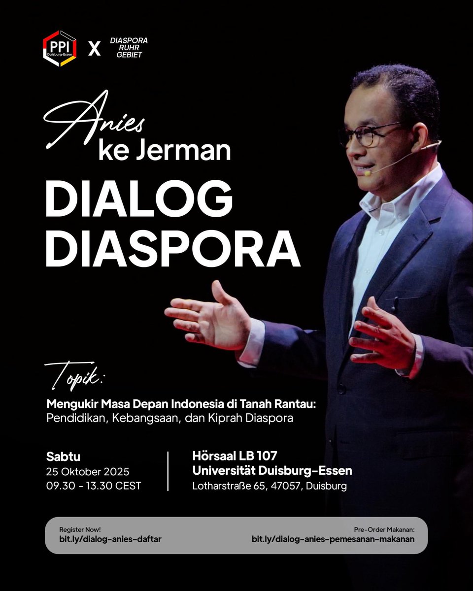 aniesbaswedan's tweet image. Halo! Akhir pekan ini, insyaAllah kami akan berkunjung ke Jerman dan Belanda.
Di Jerman, kami akan berdialog di Universität Duisburg–Essen, membahas tentang pendidikan, kebangsaan, dan kiprah diaspora. Lalu berlanjut ke Belanda, berbagi gagasan di Wageningen University &…