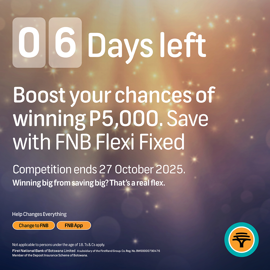 FNB_Botswana's tweet photo. 6 Days Left

Boost your chances of winning P5,000 when you save with FNB Flexi Fixed. 
Competition ends 27 October.

#HelpChangesEverything 
#SaveAndWin 
#LoveFNB https://t.co/lMdLt0jSpb