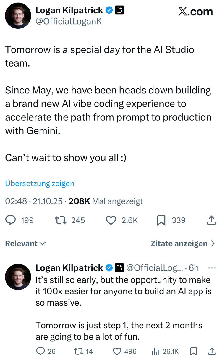 kimmonismus's tweet image. Today is release-day. Google will release a new vibe-coding experience.

But even more: the next two months are going to be insane.