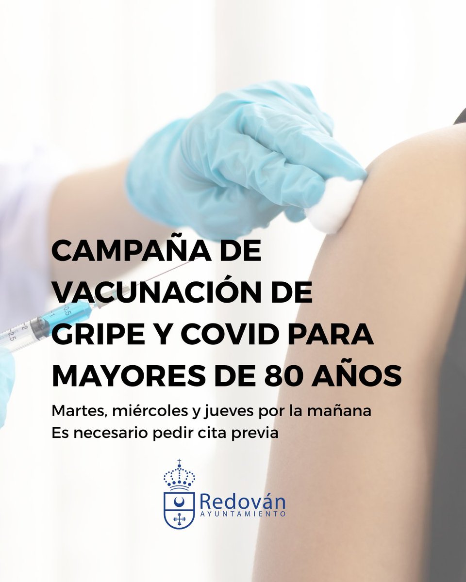 ✅ Te recordamos que está en marcha en #Redován la vacunación 💉 contra la Gripe y el COVID para personas mayores de 80 años.

➡️ Martes, miércoles y jueves por la mañana.
➡️ Es necesario pedir cita previa.

<a href="/GVAsanitat/">GVA Sanitat</a>  #RedovánEsMuchoMás