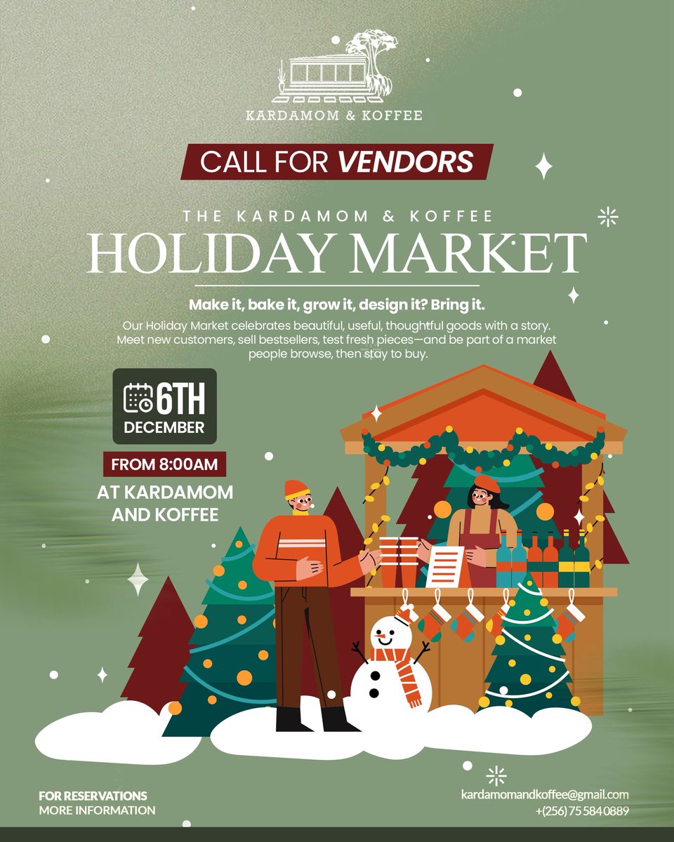 ✨ Calling all creators, bakers &amp; makers!
Be part of our Holiday Market this December.
📅 6th Dec | ⏰ From 8AM
📍 Kardamom &amp; Koffee
📩 kardamomandkoffee@gmail.com | ☎️ +256 755 840889