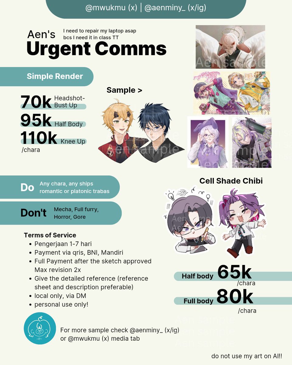 🔁&amp;💜 really appreciated 

I'm opening URGENT COMMISSION to repair my laptop 🙏🏻 
Feel free to dm me if you're interested 

Also open YCH Polaroid style artprint for pickup at #CF21
🔗 forms.gle/hsJhwTG67Wokxj… (Only 3 slots)

Thank you so much 💖
#YCHCommission #artidn #Commission