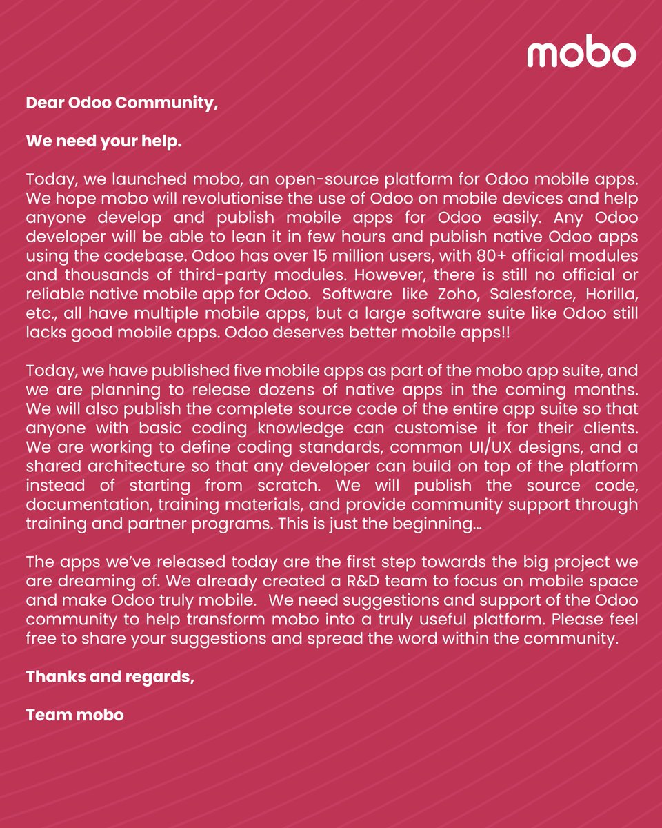 Cybrosys's tweet image. The wait is over! 🎉 Mobo is officially here.

We just launched the open-source platform for native Odoo mobile apps! We need the Odoo Community to build with us and shape the future of mobile ERP. 👇
Source code &amp;amp; details: cybrosys.com
#Odoo #OdooCommunity #OpenSource