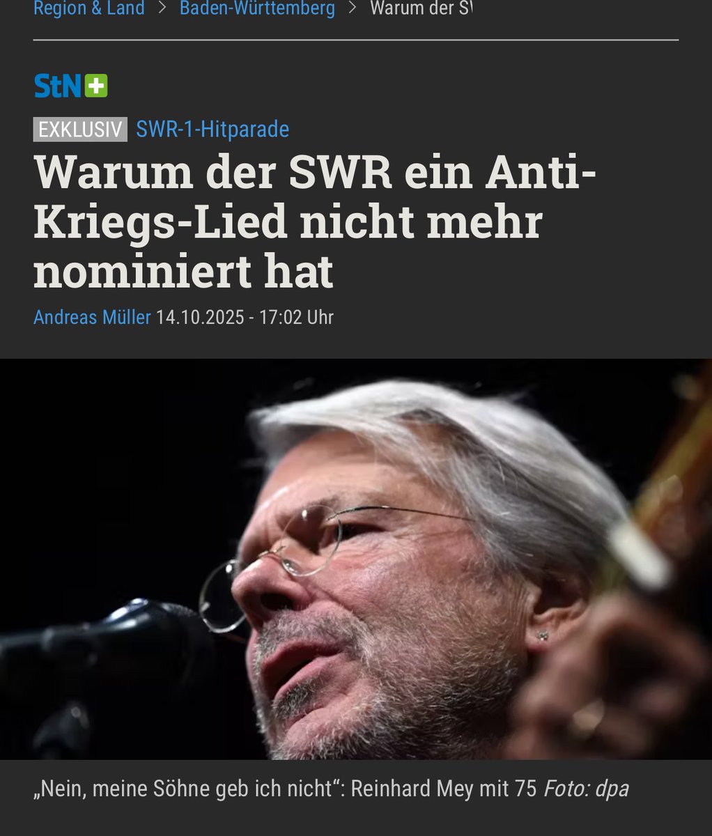 Wo sind wir gelandet? 

Der SWR hat das Anti-Kriegs-Lied „Nein, meine Söhne geb ich nicht“ aus dem Voting-System zur Hitparade entfernt. 

Es gäbe angeblich Manipulationsverdacht, da es von Hörern „zu oft“ angeklickt wurde.