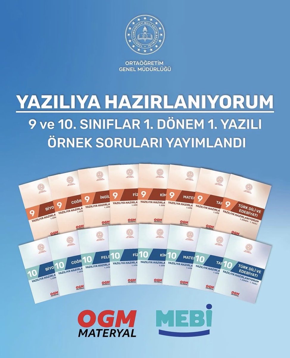 📚 Yazılıya Hazırlanıyorum!

9. ve 10. Sınıf 1. Dönem 1. Yazılı Örnek Soruları Yayımlandı! ✍️

Ortaöğretim Genel Müdürlüğü tarafından hazırlanan örnek sorulara,
💻 Nereden ulaşılır?
🔹 meb.ai/Uv8xLXR

👩🏫 Tüm öğrencilerimize başarılar, öğretmenlerimize teşekkürler!