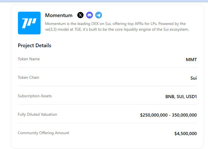 Tenseizz's tweet image. Momentum ($MMT) — the leading DEX on Sui, powered by ve(3,3) model! 🔥
Join the $4.5M community offering on Buidlpad — invest using BNB, SUI, or USD1.
Valuation: $250M–$350M. Don’t miss early access! 💥
👉 buidlpad.com/projects/momen…