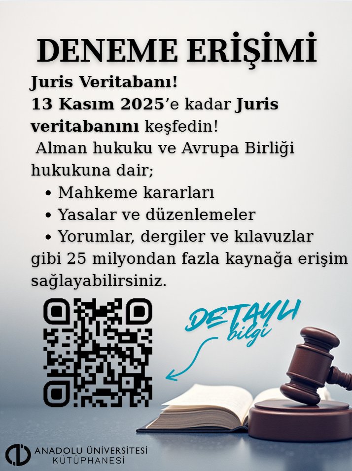 ⚖️ Juris Veritabanı Deneme Erişiminde!
13 Kasım 2025’e kadar Alman hukuku ve AB hukuku alanında 25 milyondan fazla belgeye erişim sağlayabilirsiniz.
Mahkeme kararları, yasalar, yorumlar ve kılavuzlar tek platformda!
#AnadoluÜniversitesiKütüphanesi #Juris #Hukuk #DenemeErişimi