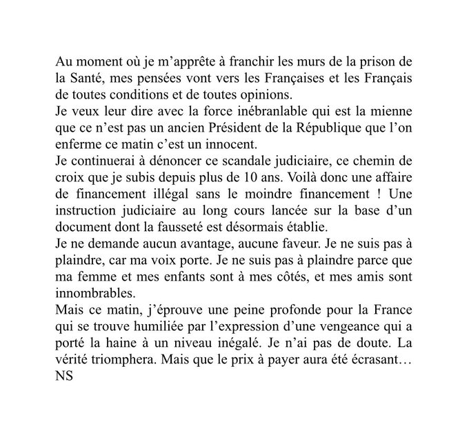 A screenshot of a French-language text statement discussing political and judicial concerns, with the text detailing the authors entry into prison, criticism of the judiciary, and a call for national mobilization, formatted in a standard social media post style with a timestamp and username indicator.
