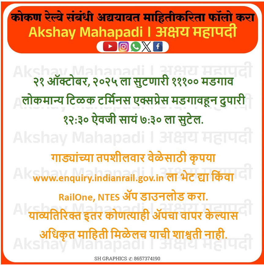 १११०० मडगाव लोकमान्य टिळक टर्मिनस एक्सप्रेस आज उशिरा सुटेल