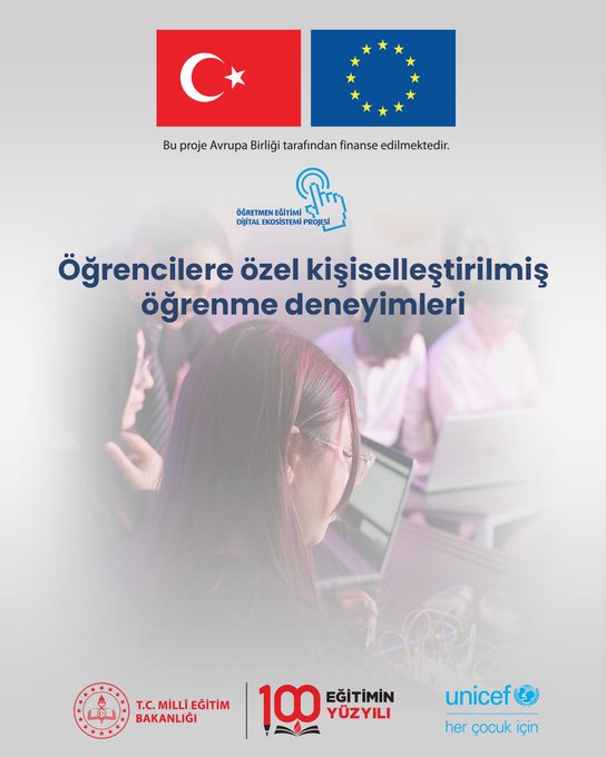 First image shows Turkish and EU flags at top with project title in Turkish about inclusive education for all students illustration below depicts diverse group including woman in headscarf man in wheelchair and others around table with laptop and documents logos of TC Milli Eğitim Bakanlığı 100 Eğitim Yüzü and UNICEF at bottom. Second image features same flags and title about digital tools for different learning styles blurred background of child using tablet. Third image has flags and title on visual-auditory supports for learning facilitation blurred scene of man and woman at screen with projected content. Fourth image displays flags and title on personalized learning experiences for students blurred image of young women at computers.