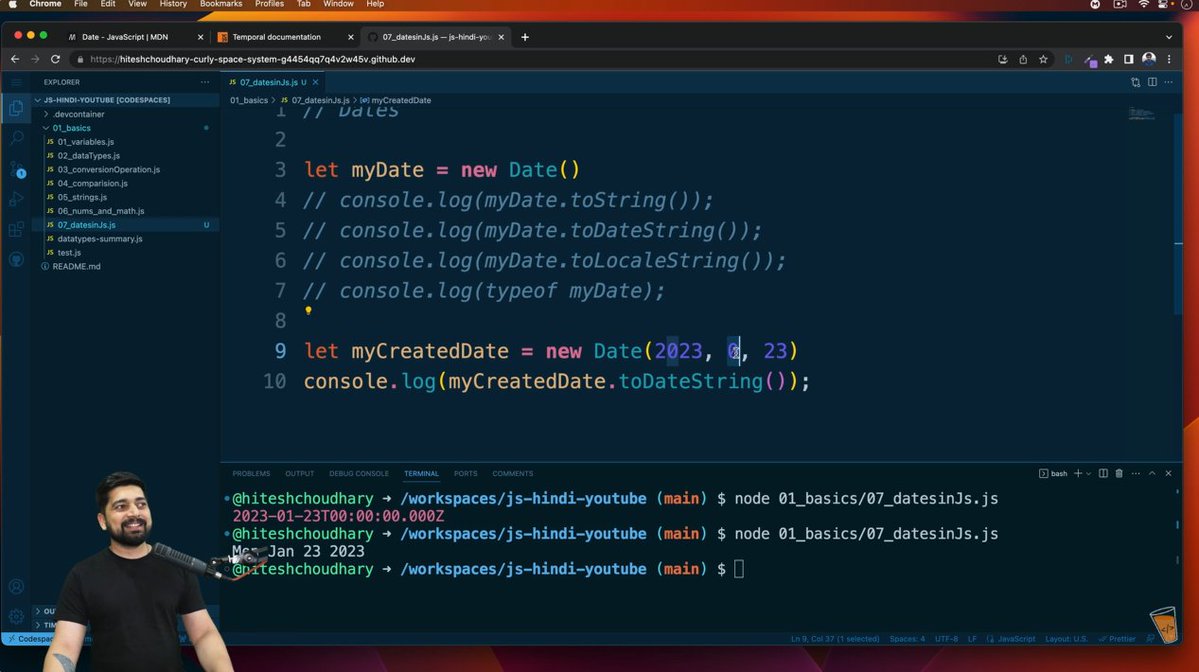 codeXninjaDev's tweet image. Day 12 of #JavaScriptChallenge by @ChaiCodeHQ & @Hiteshdotcom
Explored Date & Time in JS ⏰ Learned new Date(), custom dates, timestamps with Date.now(), getMonth, getDay & toLocaleString() formatting 🔥
#ChaiAurCode