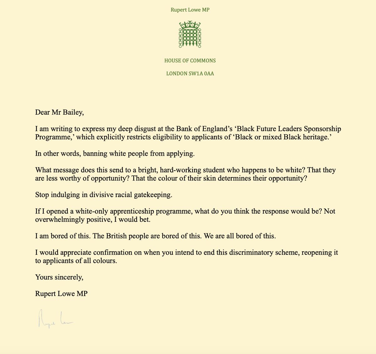 I've written to the Governor of the Bank of England about their 'Black Future Leaders Sponsorship Programme' which specifically bans white people from applying.

This racist filth must be removed, and replaced with a scheme that is open to all - including white boys and girls.