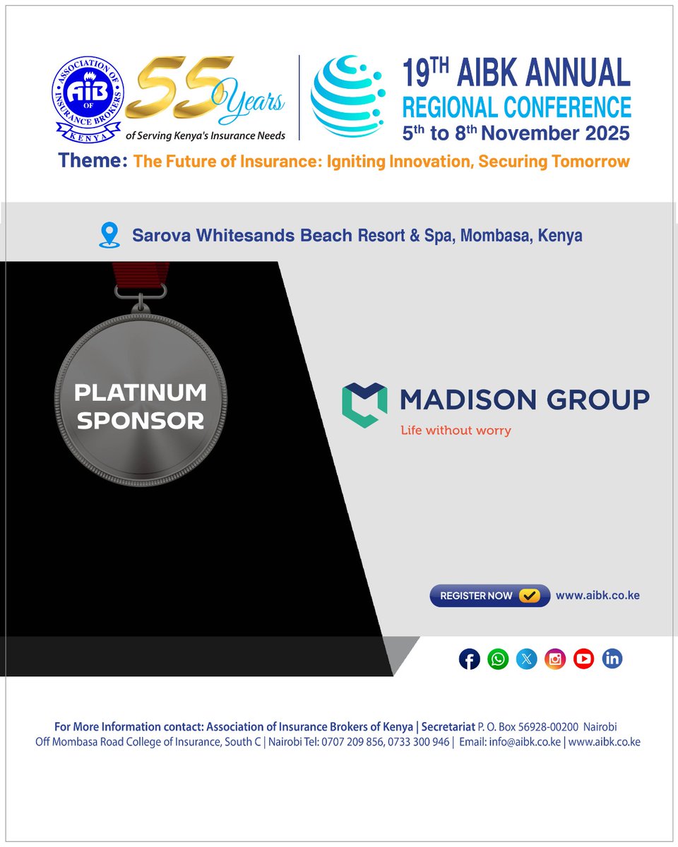 AIBK_Kenya's tweet image. Thank you @MadisonGroupKe our Platinum Sponsor for partnering with us at the #19thAIBKConference.
Together, we continue to build a future of Life Without Worry. 🌟
#AIBKat55 #MadisonInsurance #InsuranceInnovation