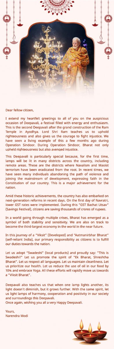 BJP4India's tweet image. What makes this Diwali truly special? 🪔🇮🇳
* The victory roar of #OperationSindoor.
* The divine light of the Ram Temple in Ayodhya.
* Lamps glowing in districts now free from Naxal terror.
* Bharat rising to become the world’s 3rd-largest economy.
* #NextGenGST reforms making…