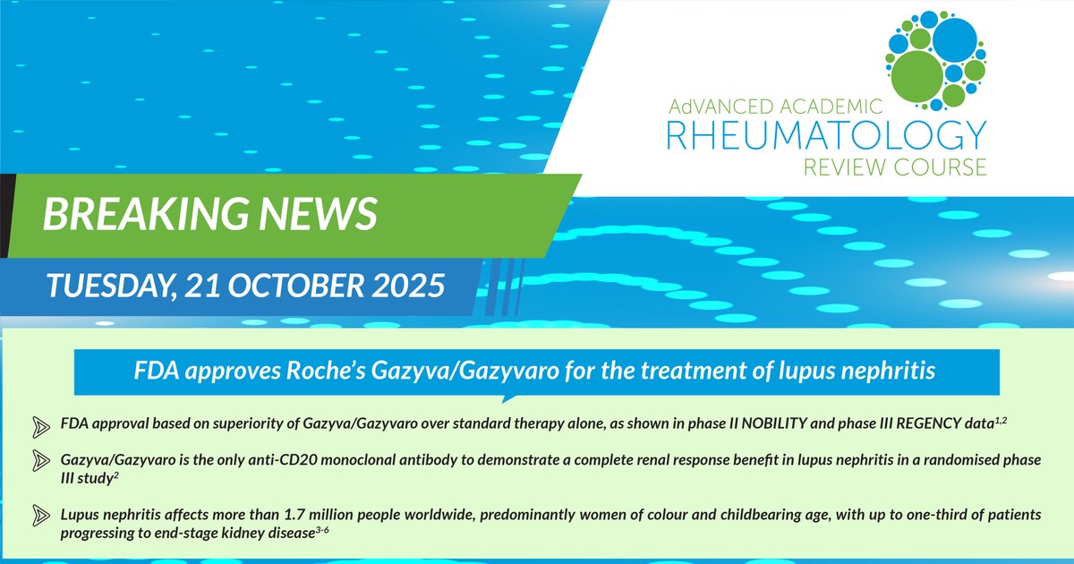 adarrc's tweet image. Breaking News | 21 October 2025

The FDA has approved Roche’s Gazyva/Gazyvaro for the treatment of lupus nephritis, marking a significant advancement in managing this complex autoimmune condition.

#AdARRC2025 #Rheumatology #LupusNephritis