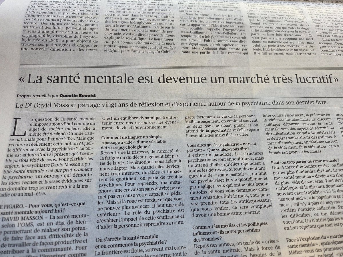 "La santé mentale est un marché très lucratif... un slogan de plus vide de sens"
Lisez mon entretien dans le <a href="/Le_Figaro/">Le Figaro</a> aujourd'hui, pour comprendre pourquoi parler bien de #SantéMentale est tellement plus nécessaire que trop en par̀ler.
#psychiatrie
