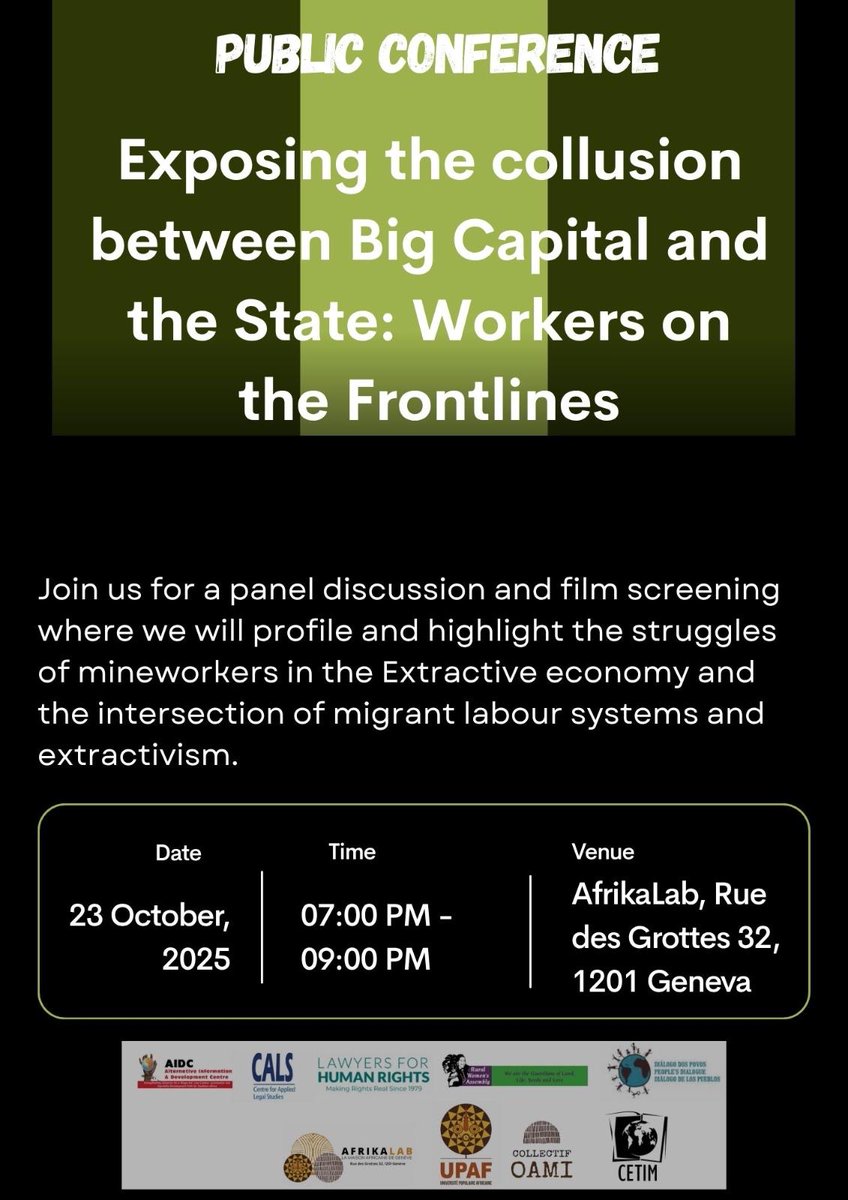 Conférence publique (only in English) - "Dénoncer la collusion entre le grand capital et l'État : les travailleurs en première ligne"
📅 Jeudi 23 octobre 2025
⌚ 19h00
📍AfrikaLab, Rue des Grottes 32, 1201 Genève
<a href="/afrikalab/">afrikalab</a> 

#Afrique #capitalisme #travail