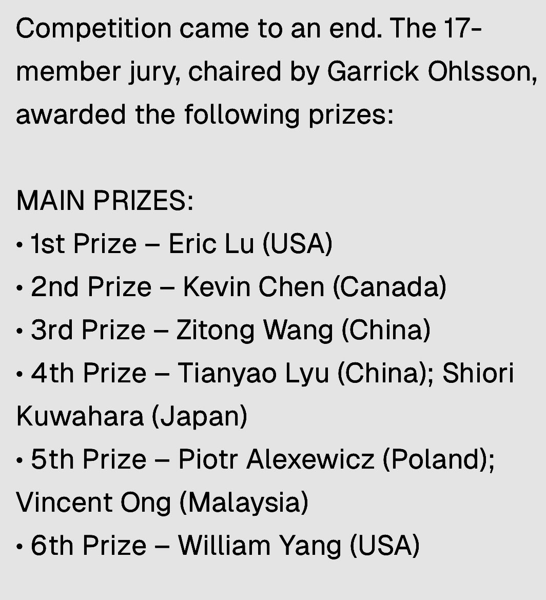 Eric Lu (USA) takes the 1st Prize.
More at chopincompetition.pl/en
#Chopin #Chopin19 #Chopin2025