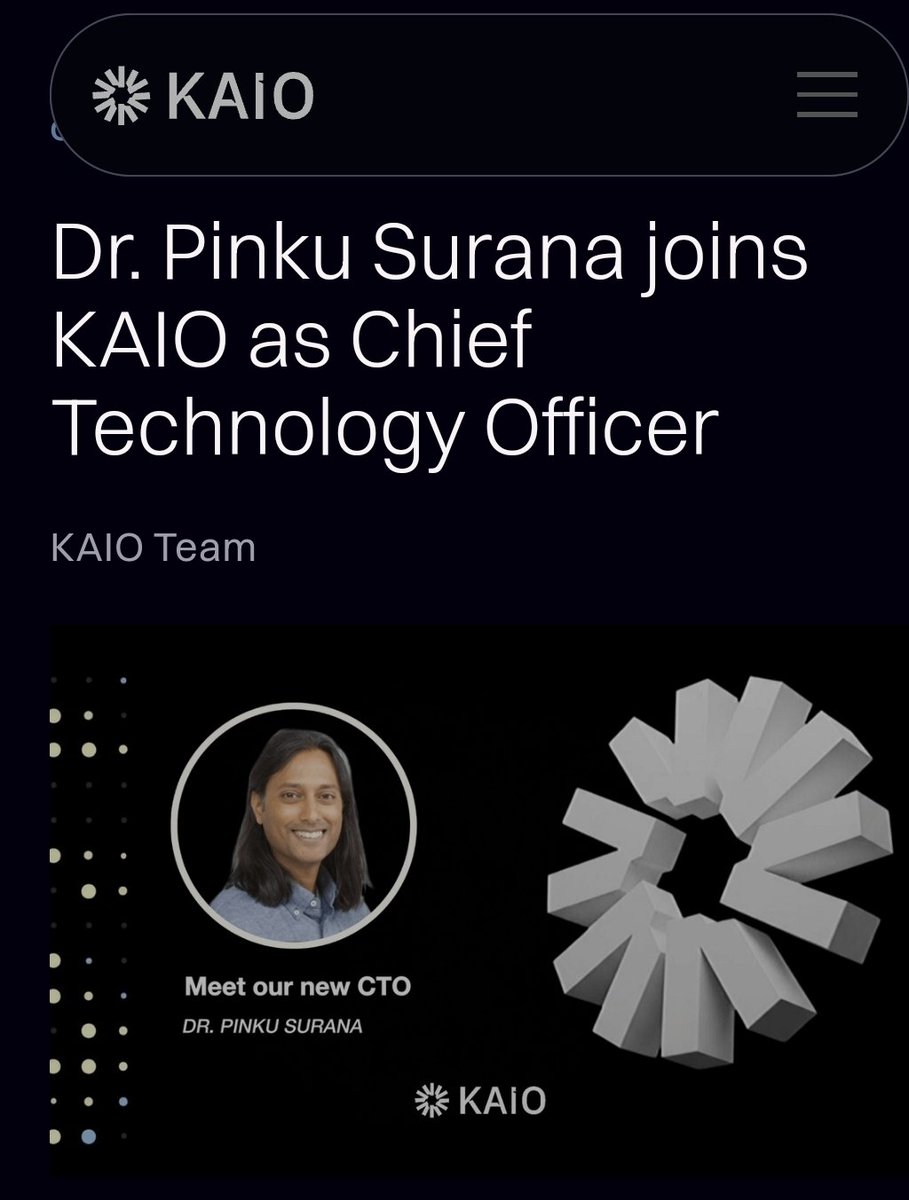 There is a new mind joining the <a href="/KAIO_xyz/">KAIO</a> movement.

Dr. Pinku Surana,  the technologist who helped shape Ondo Finance and built early systems for tokenized assets  is now the Chief Technology Officer at KAIO.

From Goldman Sachs to Stanford to Meta, Dr. Surana has spent decades