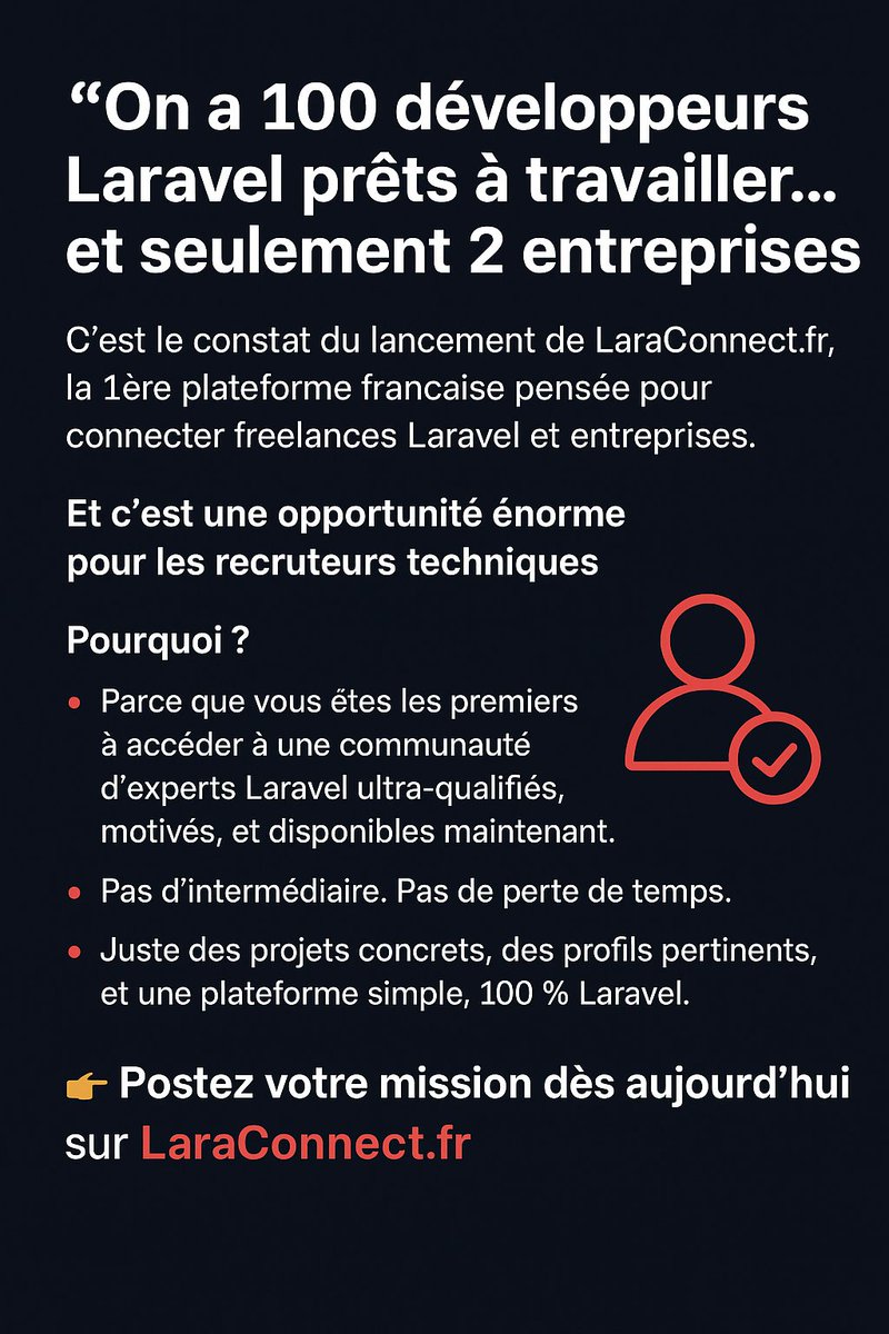 LaravelJutsu's tweet image. 💬 On a + de 100 développeurs Laravel prêts à bosser... 👀
🚀 LaraConnect.fr est la 1ère plateforme FR qui connecte freelances Laravel & entreprises.
👉 Pas d’intermédiaires
👉 Des profils qualifiés
👉 100 % Laravel
🧠 Vous recrutez ? Postez aujourd'hui !