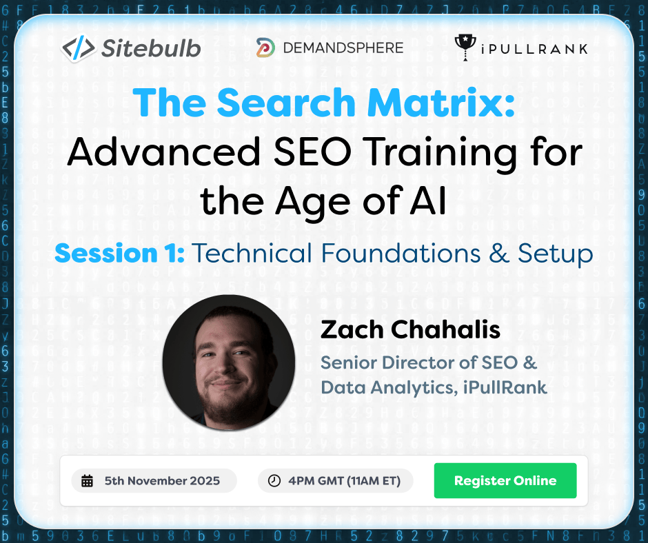 sitebulb's tweet image. 📣 WEBINAR(S) ANNOUNCEMENT!
Welcome to The Search Matrix 🕶️
From crawlability and entity mapping to visibility tracking/optimization, learn how to make your sites truly AI-ready.
@zachchahalis of @iPullRankAgency is our expert trainer.
Sign up now: sitebulb.com/technical-seo-…