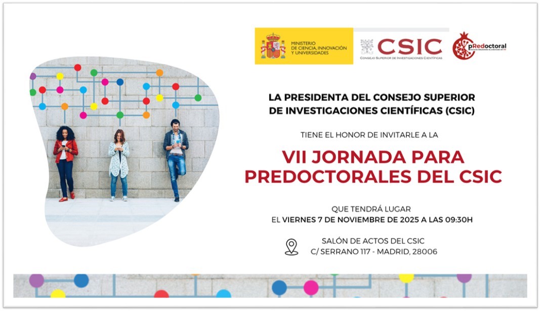 CIAL_CSIC_UAM's tweet image. El próximo 7 de noviembre de 2025 tendrá lugar la celebración de la “VII Jornada para Predoctorales del CSIC” en el campus central de Madrid.
Programa completo oficial: jornadadoctorandos.csic.es
Inscripciones: Confirmación de asistencia - VII Jornada para Predoctorales del CSIC