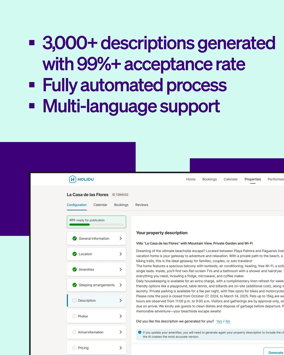 🚀 New Project with Holidu: AI-Powered Automation for Holiday Home Descriptions

🏡✨ We built a system that turns property data into high-quality, multilingual listings — fully compliant with Booking, Airbnb &amp; more.

More details in the full case study: aboutbits.it/en/projects/ho…