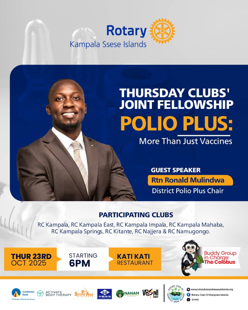 ❤️ Polio ends where compassion begins, vaccines are just part of the story.

Join us, the Thursday clubs, as we explore “Polio Plus: More Than Just Vaccines” with Rtn Ronald Mulindwa at Kati Kati, Thu 23 Oct | 6PM.

Together, we build a healthier tomorrow! ❤️
#rotaryeyamba