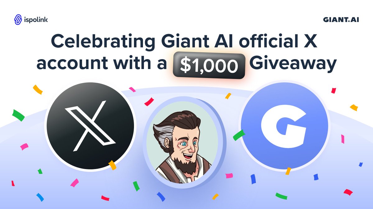 🎉 1000$ Giveaway in $GIANTAI

To enter
1⃣ Follow <a href="/GiantAI_agent/">GiantAI</a> and <a href="/ispolink/">Ispolink</a> 
2⃣ Like and RT
3⃣ Tag 2 friends

🤩10 winners to be drawn #Airdrops  #Giveaway