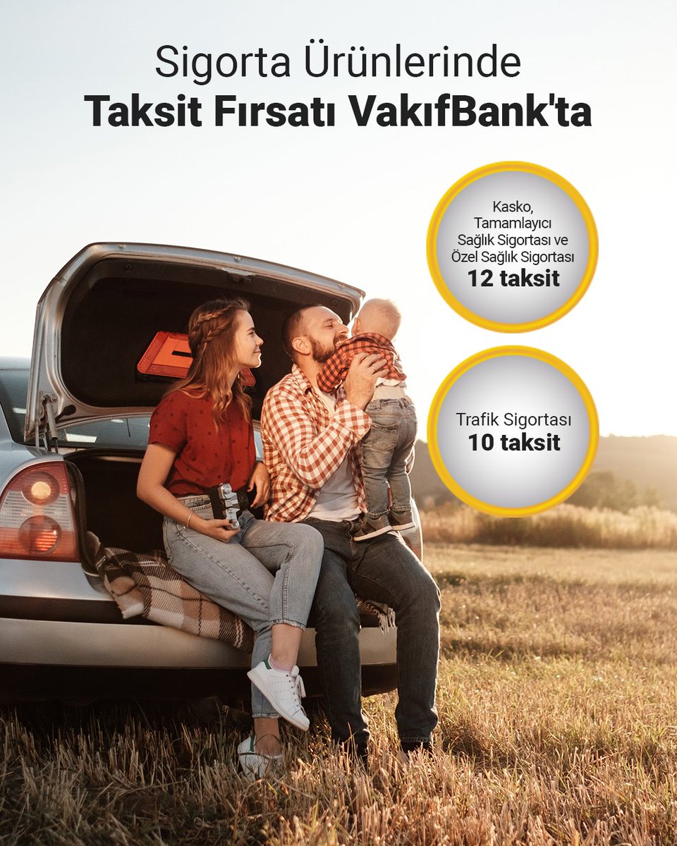 Sigortanızı ertelemeyin, kolay ödeme avantajından yararlanın. Kasko, Tamamlayıcı Sağlık ve Özel Sağlık Sigortalarında 12, Trafik Sigortası’nda 10 taksit fırsatı sizi bekliyor. Üstelik peşin fiyatına, yıl sonuna kadar. Detaylı bilgi için vakifbank.com.tr sitemizi ziyaret