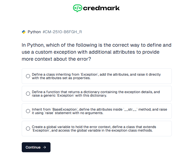 Gussstos's tweet image. ## 🧠 The Question:
**&quot;In Python, which of the following is the correct way to define and use a custom exception with additional attributes to provide more context about the error?&quot;**

Translation:  
&amp;gt; *How do we create our own error type in Python—one that carries extra info,…