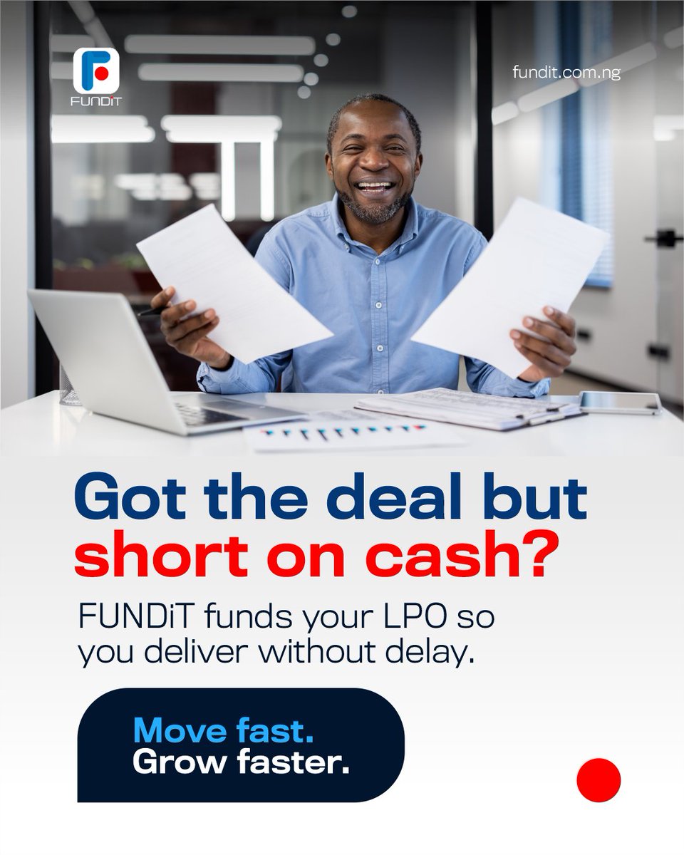 FUNDiTFinancial's tweet image. When you get the deal but you are short on cash? 
Remeber that FUNDiT funds your LPO so you deliver without delay.
💼 Move fast. Grow faster.
#FUNDiT #LPOFinancing #SMEFinance