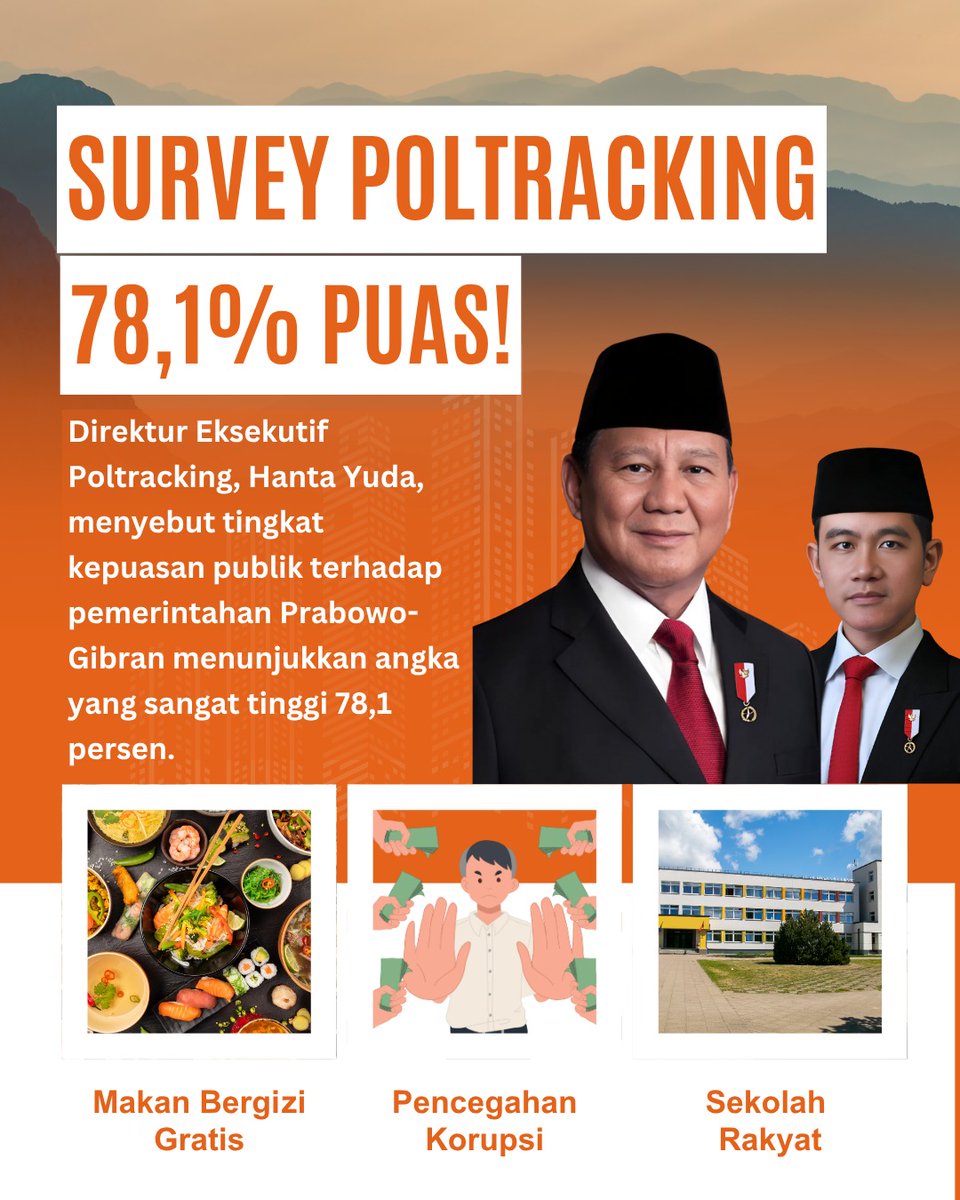 Liraerina's tweet photo. 78,1% masyarakat senang. Poltracking mencatat kepuasan tinggi atas kerja pemerintah Prabowo–Gibran. https://t.co/hntSQqFqau