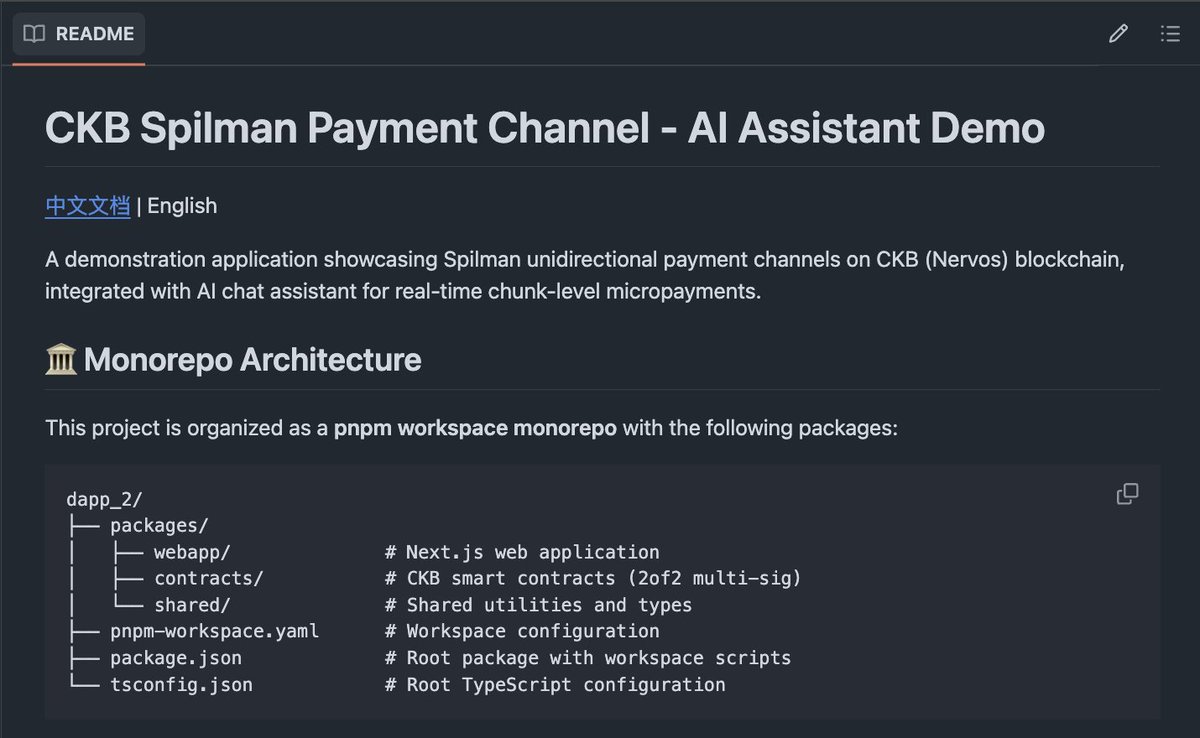 CKBdev's tweet image. Another mini project out ☕️😎 
Exploring what Web5-style payments could look like—Spillman Payment Channel—blending AI chat w/ off-chain micro-payments:
- Chat with AI, pay per message automatically, off-chain
- Web2-level friendly UX + Web3-level security &amp;amp; privacy
- Using CKB&apos;s…