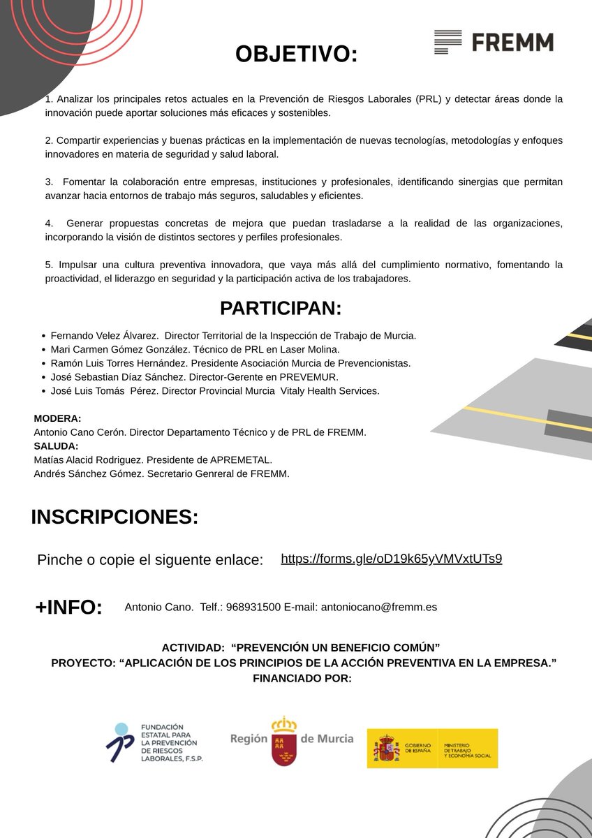 Mesa Redona. Innovación en PRL ¿Qué más podemos hacer? Modalidad Mixta. Inscripciones: forms.gle/uhP8KdXm33UdLL…
30-10-2025 en <a href="/fremm_es/">FREMM</a>