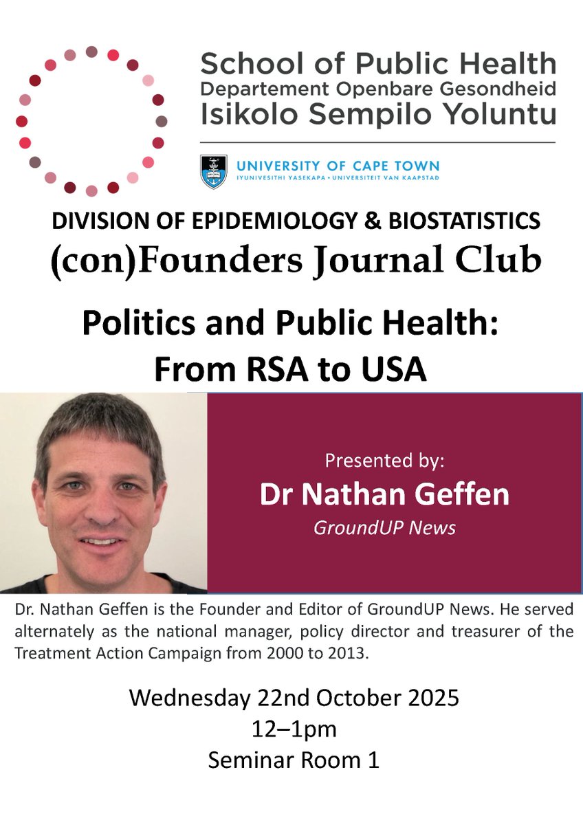 🗓️ Join us tomorrow for the (con)Founders Journal Club! We're hosting Nathan Geffen, founder and editor of GroundUp News, for a talk and discussion on politics and public health. 
<a href="/UCT_SPH/">UCT School of Public Health</a> <a href="/UCT_news/">UCT</a> <a href="/GroundUp_News/">GroundUp</a>
