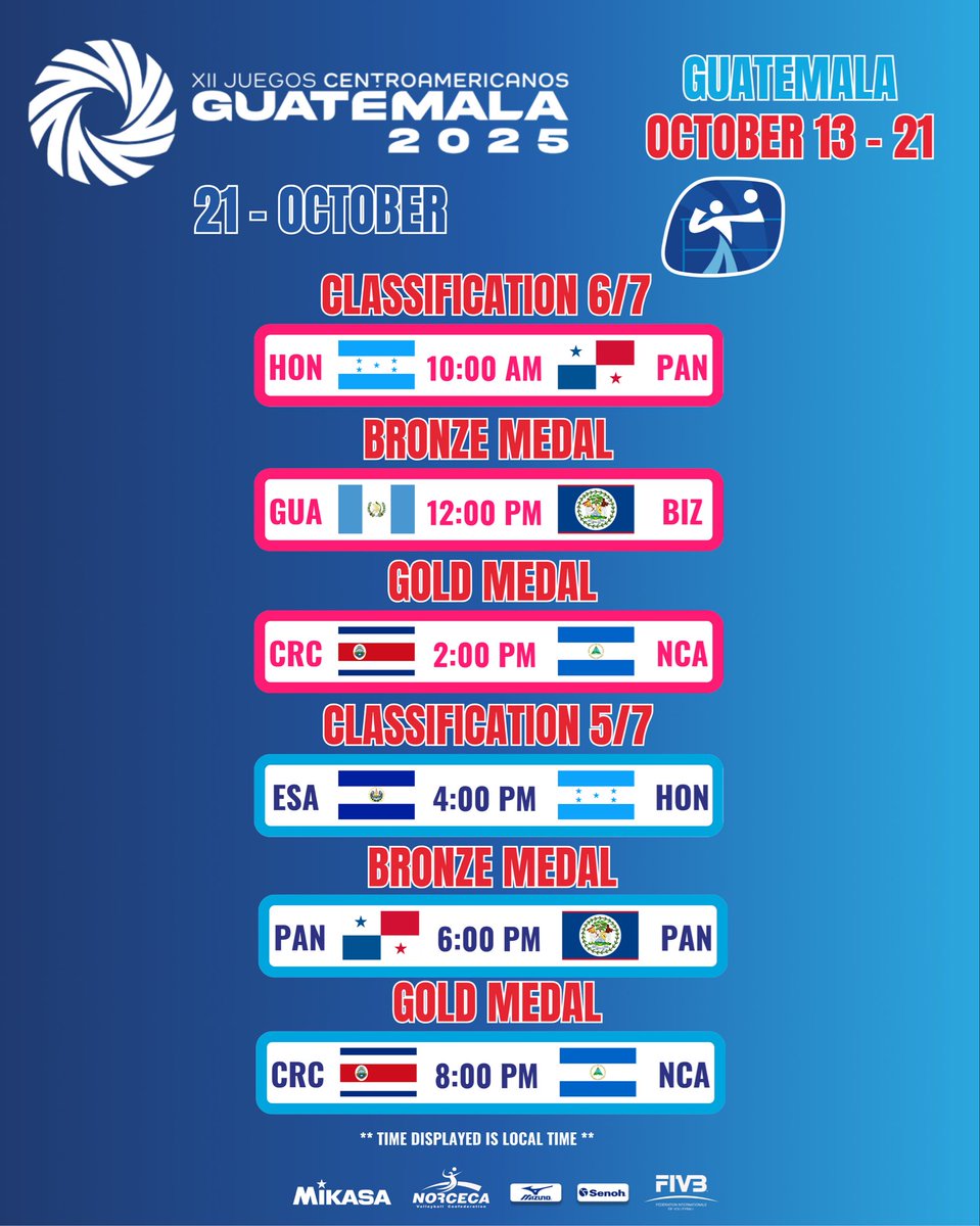 DAY 5️⃣🏐12th Central American Games Guatemala 2025 - CLASSIFICATION 6/7 AND MEDAL MATCHES 

🇬🇹🇧🇿🇨🇷🇸🇻🇭🇳🇳🇮🇵🇦

📍Teodoro Palacios Flores Gymnasium 🇬🇹
📆 October 21

#norceca #afecavol #volleyball