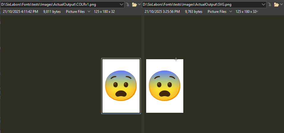 Huzzah! 
Left = COLRv1, Right = SVG

Both rendered from different tables in the same font. 

<a href="/SixLabors/">Six Labors</a> Fonts v3 will support both!

#dotnet #oss