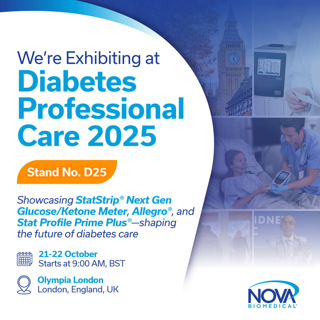 BiomedicalNova's tweet photo. 📍 Live at Diabetes Professional Care 2025, Olympia London (21–22 Oct)! Meet Nova Biomedical at Stand D25 for demonstrations of StatStrip®Next Generation Hospital Glucose/Ketone Meter, Allegro®, &amp; Stat Profile Prime Plus®. 🥼 Connecting 3,000+ HCPs in diabetes care. #DPC25 https://t.co/ItLmusadT2