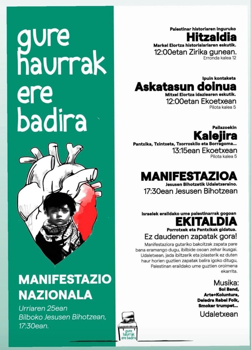Las madres y los padres de Euskal Herria también tenemos que hacer todo lo que podamos y más para frenar esta masacre.

🇵🇸 𝐆𝐮𝐫𝐞 𝐡𝐚𝐮𝐫𝐫𝐚𝐤 𝐞𝐫𝐞 𝐛𝐚𝐝𝐢𝐫𝐚!

Manifestazio nazionala: urriak 25, 17:30ean Jesusen Bihotza (Bilbo).
▶️ labur.eus/gurehaurrak
