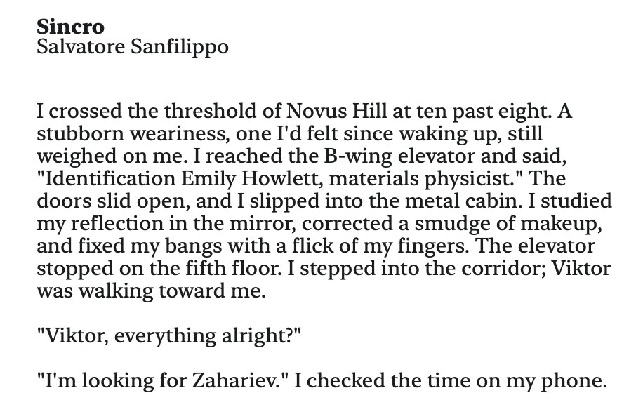 Hi friends, this summer I published my latest sci-fi short story with Urania-Mondadori. I attempted to translate it in English, for the potential English speaking readers here, and I believe the result is truthful to the original. This is the ePub file.

antirez.com/sincro-en.epub