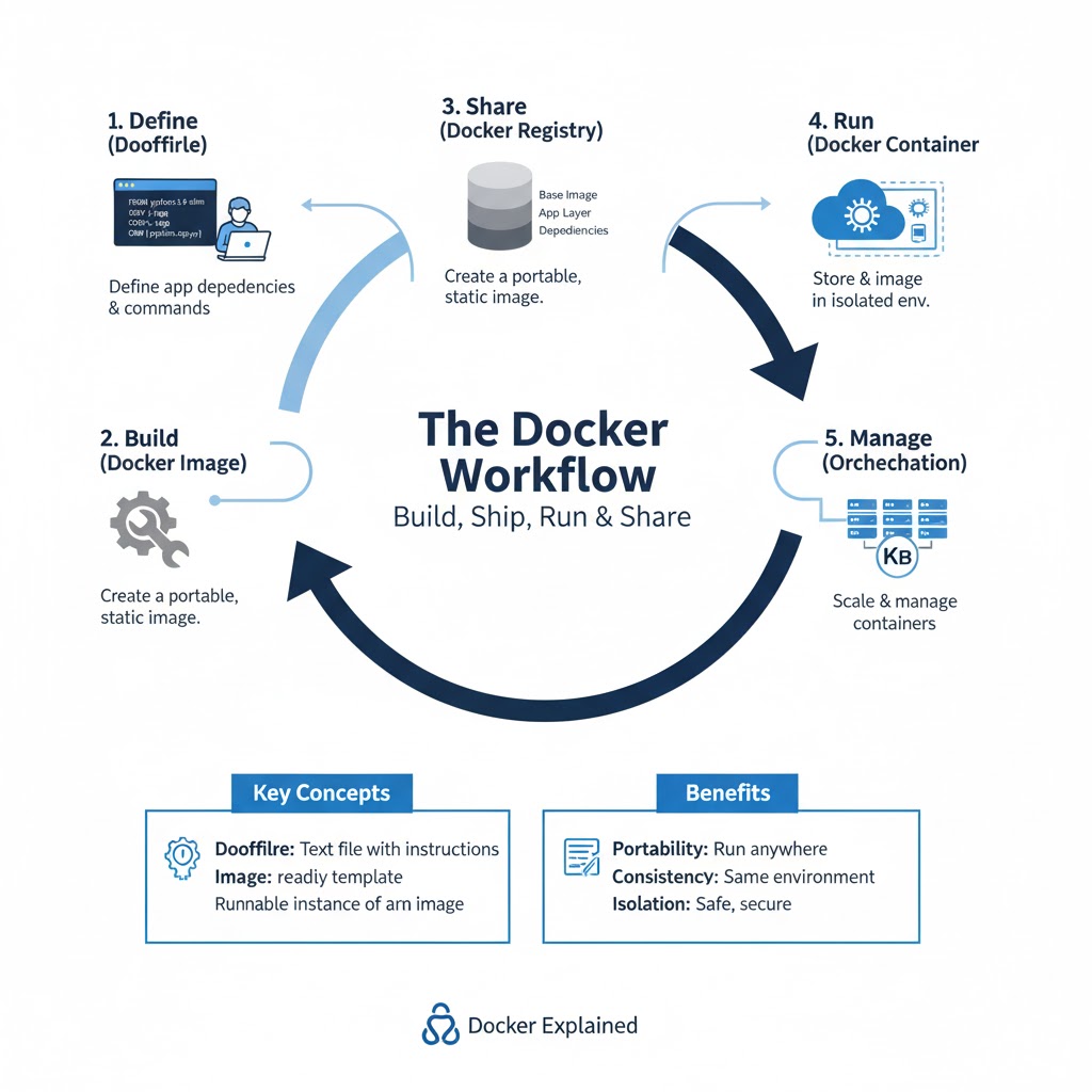 e_opore's tweet image. Docker Workflow
→ Step 1: Write the Application Code
→ Begin by creating your application using your preferred programming language (e.g., Node.js, Python, or Java).
→ Ensure all project dependencies are clearly defined in configuration files like `package.json` or…