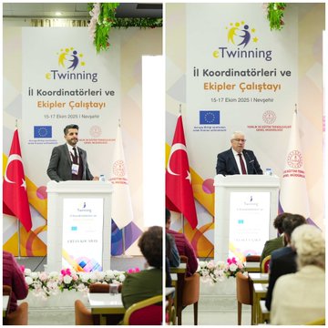 First image shows two side-by-side photos of men in suits speaking at podiums with eTwinning banners Turkish and EU flags and floral decorations in a conference room. Second image depicts a large group of diverse attendees mostly women in professional attire seated at red-covered tables in a spacious venue with blue eTwinning banner hanging plants and a stage. Third image captures an audience raising hands in applause during a presentation with eTwinning logos on screens Turkish flag and colorful banners in a hall with seated participants. Fourth image features a woman presenting at a podium with eTwinning and Together We Shine banners Turkish and EU flags projector screen showing text and attendees seated at tables in a decorated room.